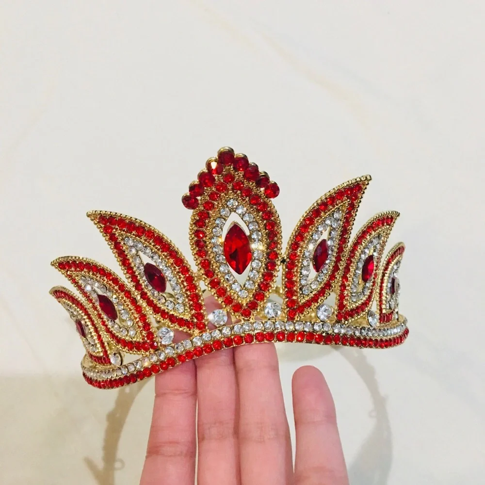 New Ruby and Diamond Rhinestone Gold Metal Crown Tiara Custom Wedding Bridal
